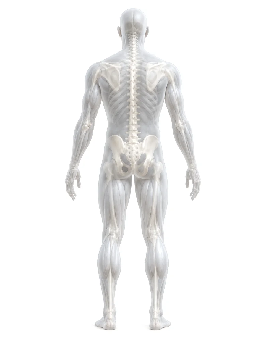 Translucent anatomical figure seen from behind, showing the spine, shoulder blades and pelvis