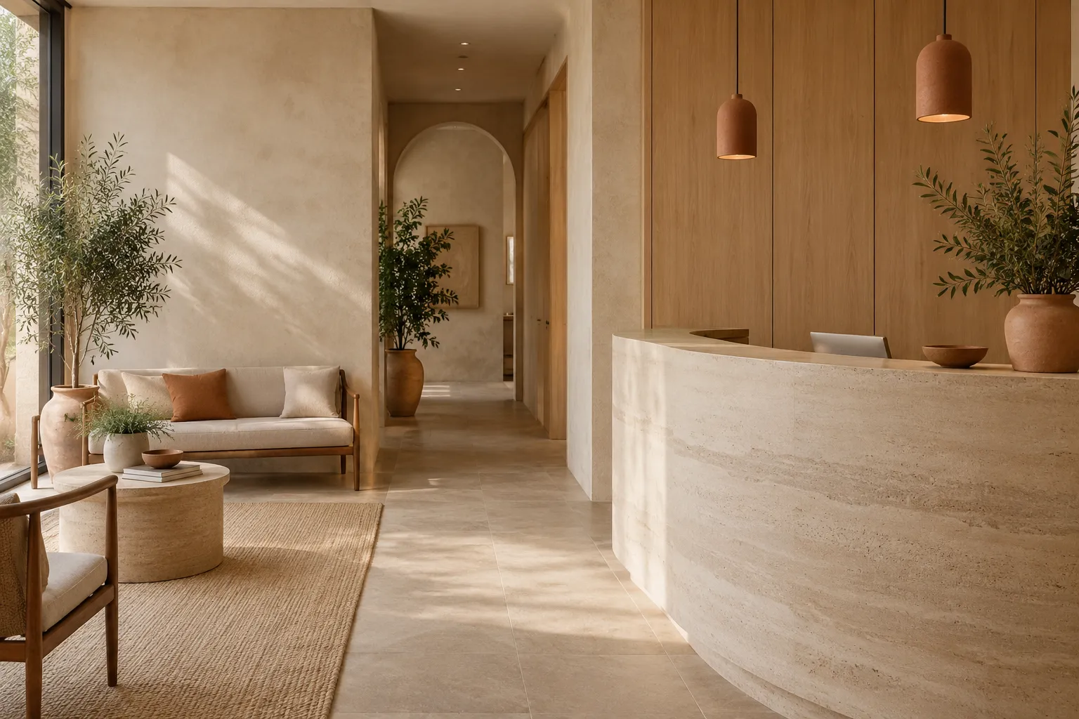 Reception with a curved sandstone desk