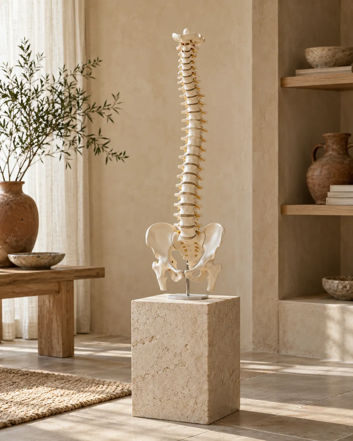 Anatomical model of the human spine and pelvis standing on a stone plinth